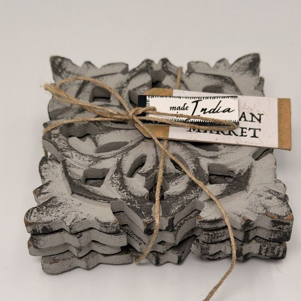 Artisan Market Hand Carved Wood Coasters Gray Distressed Set of 4 Farmhouse 4x4